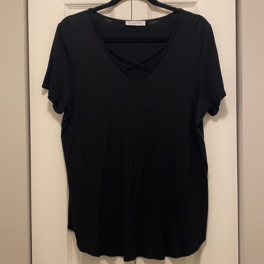 Black Cross Front Short Sleeve Knit Top